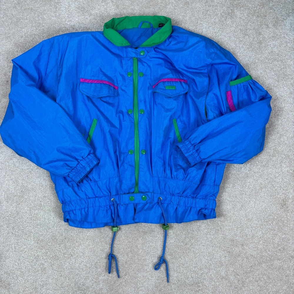 Vintage Andy Johns Windbreaker Jacket Blue Green Pink Colorblock 80s 90s Large
